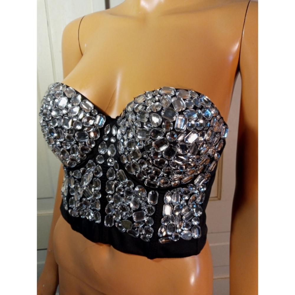 Jeweled crystal gem mirrored bustier corseted bra crop top 36C 36D